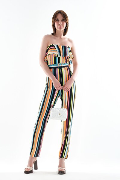 EXPLOSION Renkli Çizgili Straplez Tulum