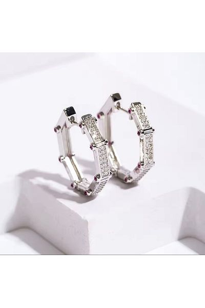 Lunays Steel Baguetta Zircon Stone Hoop Women's Earrings Silver Color