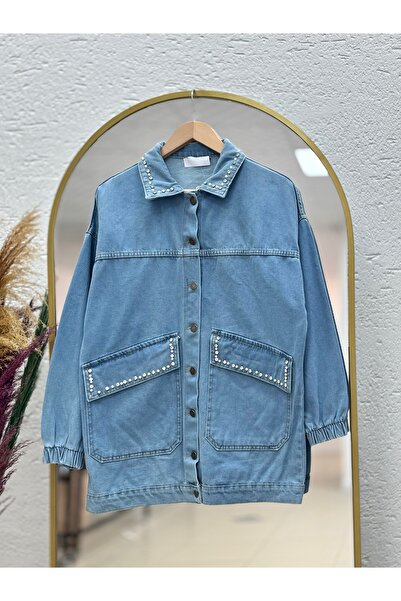 MİHRA STORE Gazelle Collar and Pocket Stone Embroidered Denim Jacket-Ls1455 Blue
