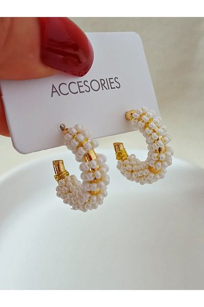 mos&more Cream Beaded Hoop Women's Earrings 1 Pair