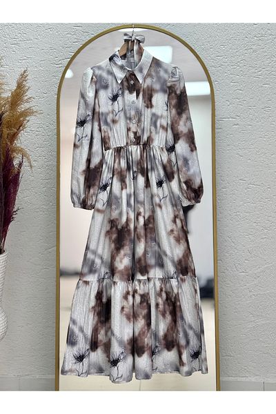 MİHRA STORE Benna Patterned Gathered Digital Dress-Mf1751 Brown