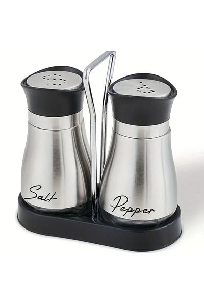 ABYZ Set de 2 solnițe și pipernițe cu suport elegant din oțel inoxidabil, argintii, practice și moderne pentru bucătărie