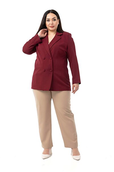 DISENTIS MODEST Plus Size Covered Button Double Breasted Burgundy Unlined Jacket