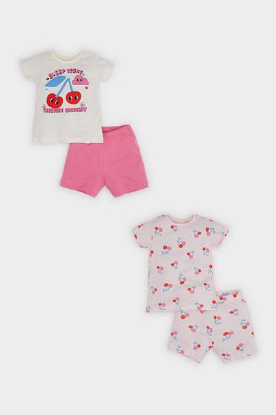 DeFacto 4-teiliges Pyjama-Set für Babys, Mädchen, gemustert, kurzärmelig, gekämmte Shorts mit elastischem Bund oben, E1551a525hs