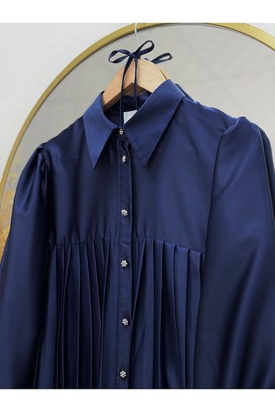 MİHRA STORE Rain Skirt Pleated Satin Shirt-El1880 Navy Blue