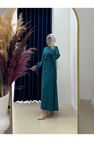 MİHRA STORE فستان حفصة جاكار بأكمام مربوطة-EL1888 أزرق بترولي