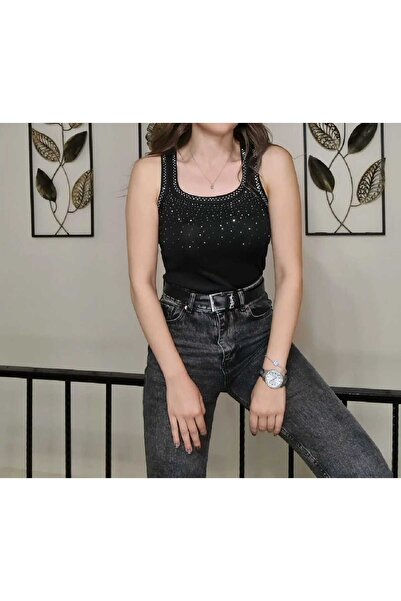 Butik Siyah Yaka Taş Detaylı Kalın Askılı Triko Bluz