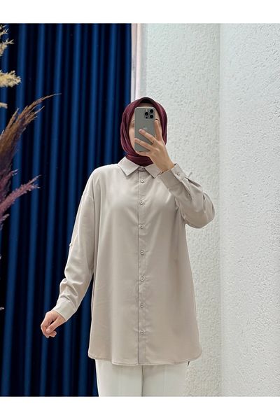 MİHRA STORE Sorira Short Front Long Back Sleeve Button Detailed Shirt-Zi̇4054 Gray