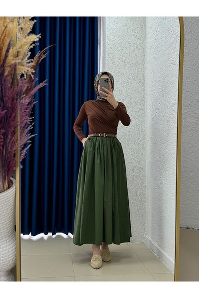 MİHRA STORE Erna Belted Poplin Skirt-Bn4362 Khaki