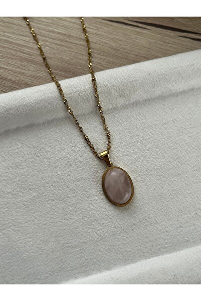 Pel Design Pembe Kuvars Taşı Çelik Kolye El Yapımı