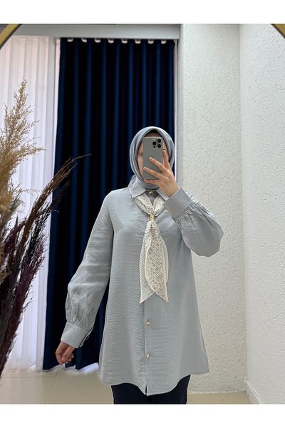 MİHRA STORE Vinira Scarf Gold Buttoned Shirt-Mf517 Gray