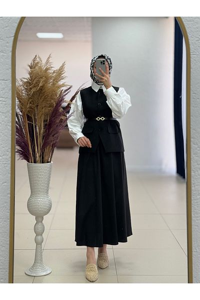 MİHRA STORE Zenetta Belt Chain Detailed Lined Vest Double Suit-Un3000 Black