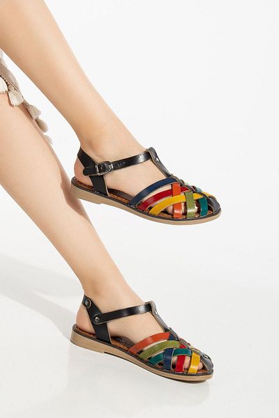 Aymood 205-02 Black Multi Orthopedic Genuine Leather Women's Sandals