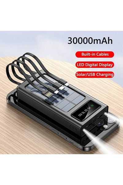 Generic Power Bank 30000mah With 4 Built-in Cables, 22.5w Fast Charging, Led Display – Black