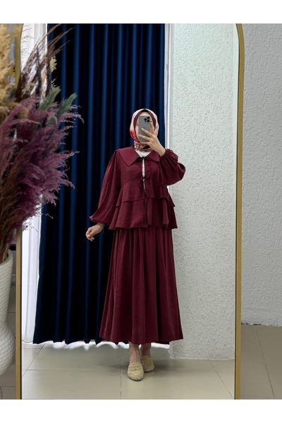 MİHRA STORE بدلة قميص سورانا مع تنورة متعددة الطبقات-HE8339 أحمر كلاريت