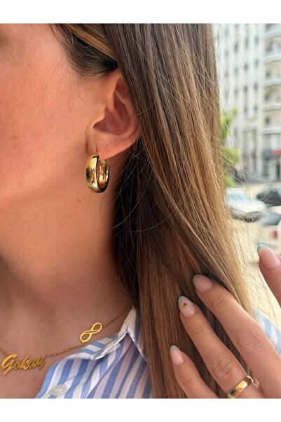 papatya aksesuar Steel Gold Color Hoop Basic Stylish Minimal Tarnish Women's Earrings