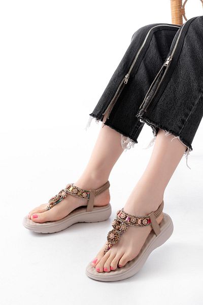 Aymood Dm-609 Beige Stone Back Elastic Flip Flops Women's Sandals