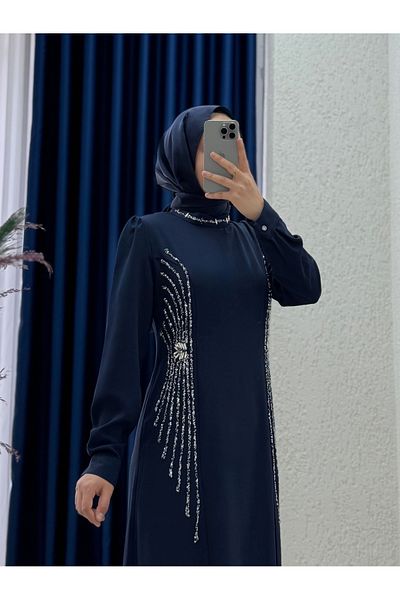 MİHRA STORE Rochie creponată Sanora cu broderie de piatră pe laterale și gât-GE1040 bleumarin