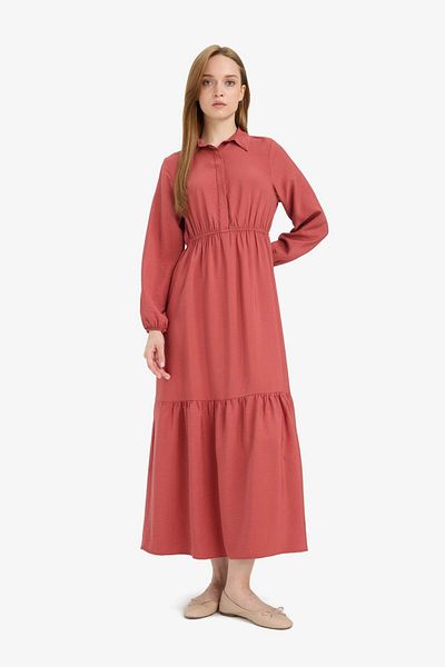 DeFacto Shirt Collar Waist Gathered Long Sleeve Maxi Dress D5851Ax25Sp