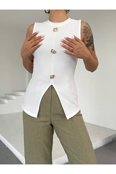 trendhazan A Quality Button and Front Slit Detail Ottoman Fabric Zero Sleeve Bluz