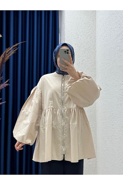 MİHRA STORE Serenya Stone Detailed Zippered Jacket-Chi474 Stone