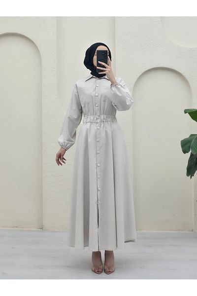 Modamorfo Full Button Double Pocket Sleeve Elasticated Poplin Dress - Cream