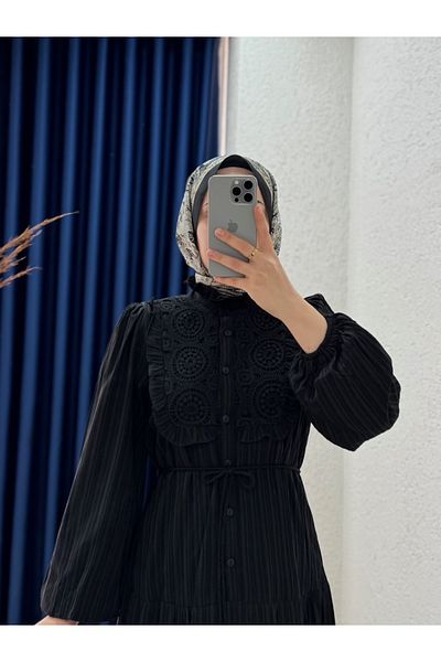 MİHRA STORE Sorina Lace Front Muslin Dress with Fold Detail-Pa9505 Black