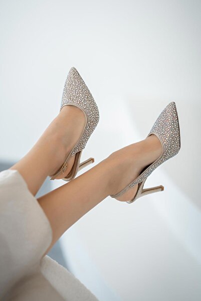 Parponi Budapeşte İncili Taşlı Topuklu Abiye Ayakkabı Altın