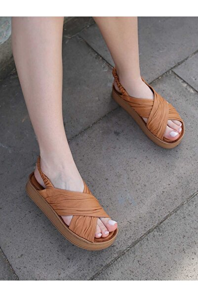 Mammamia 2585-Lx Genuine Leather Cross Strap Flat Sole Orthopedic Women's Sandals