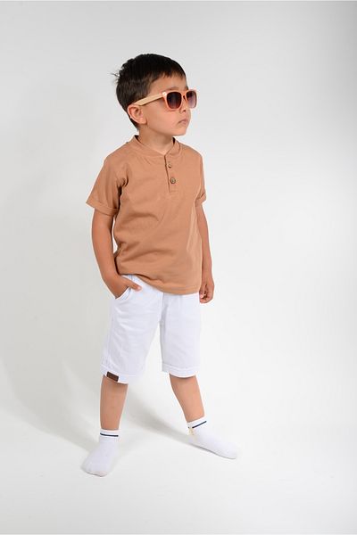 KİDSPİTİRCİK Boy's Brown Judge Collar T-Shirt Linen Shorts Suit