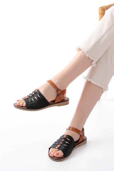 Aymood 205-029 Black Orthopedic Genuine Leather Women's Sandals