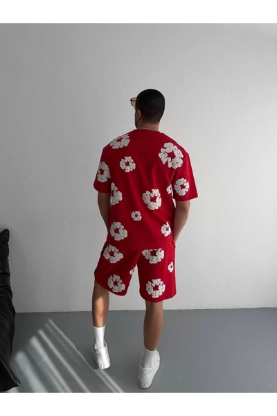 MODA Σετ μπλουζάκι με στάμπα από ύφασμα δύο κλωστών με σορτς - Κόκκινο