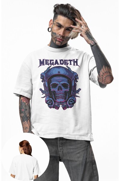 Fuddy Moda Tricou unisex Megadeth Gas Mask cu imprimeu cu craniu, tricou oversize cu tematică Rock Band