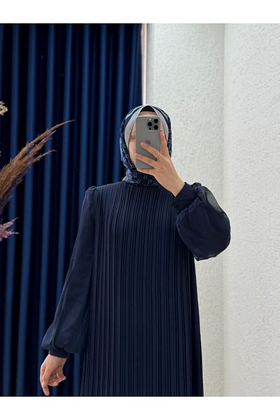MİHRA STORE Seresia Balloon Sleeve Pleated Chiffon Dress-Pa9390 Navy Blue