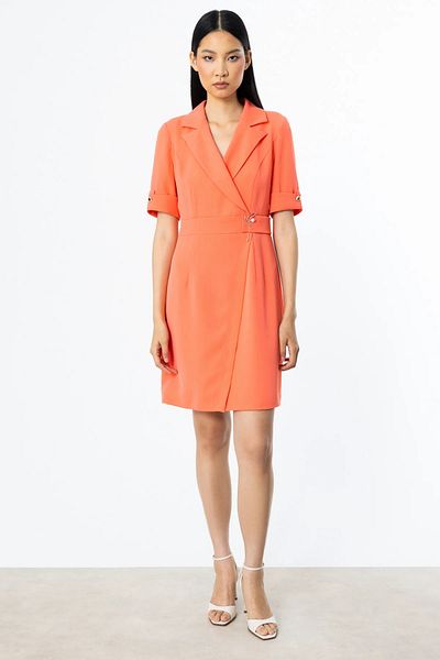 Ekol Midi Length Dress with Metal Accessories on the Waist Salmon-5136