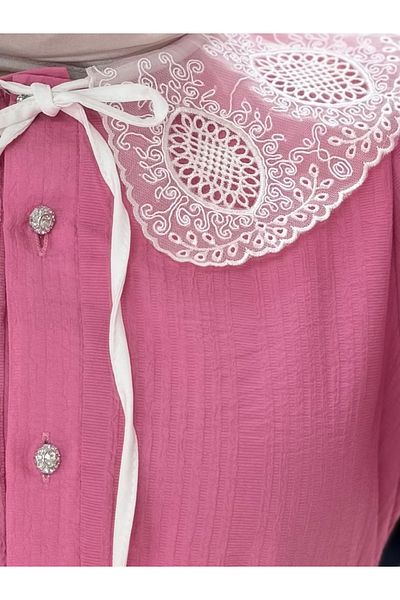 MİHRA STORE Rochie Sorera cu jumătate de guler cu volană Seersucker-AY8625 Roz