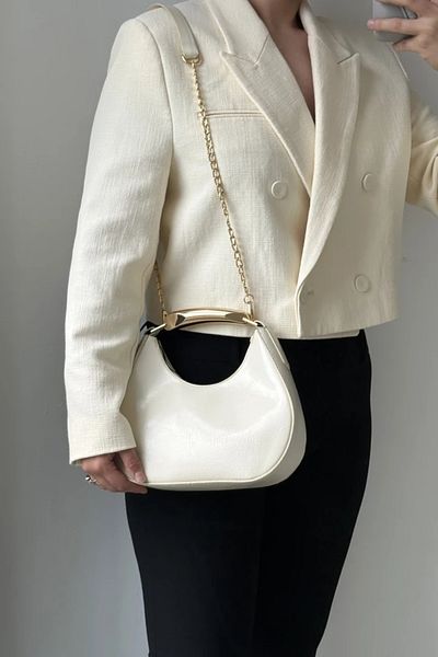 LEONAS Metal Detail Handle Oval Women's Hand and Shoulder Bag Rosy Cream