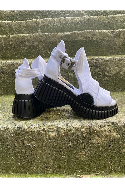 Butik Jeanolog White Denim Sandals Orthopedic High Wedge Heel