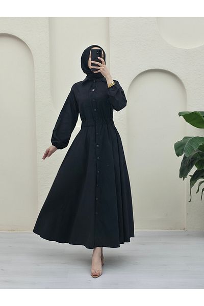 Modamorfo Full Button Double Pocket Sleeve Elasticated Poplin Dress - Black