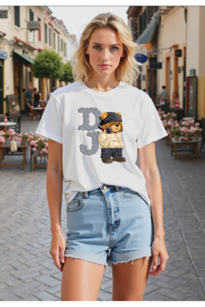 ELNOYA تي شيرت كاجوال مريح مطبوع عليه "DJ Bear" من القطن الأبيض للجنسين