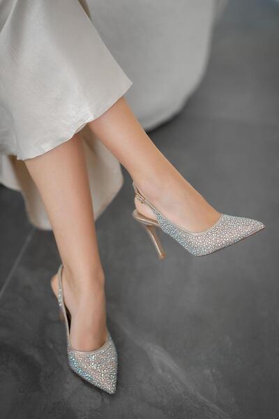 Parponi Budapeşte İncili Taşlı Topuklu Abiye Ayakkabı Altın