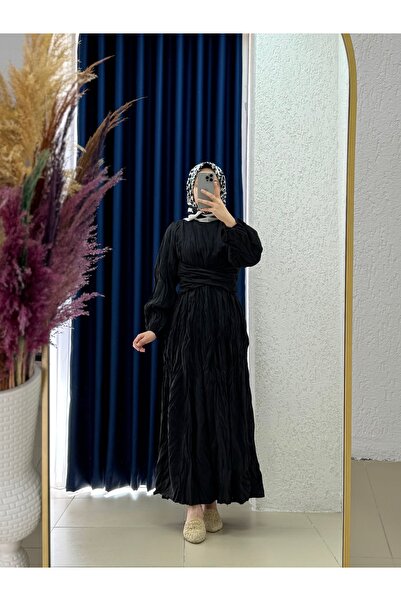 MİHRA STORE Φόρεμα με ρυτίδες με σταυρωτό δέσιμο Seredra-BN4439 Μαύρο