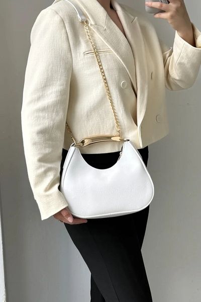 LEONAS Metal Detail Handle Oval Women's Hand and Shoulder Bag Rosy White