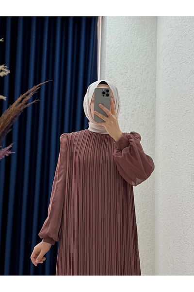 MİHRA STORE Seresia Balloon Sleeve Pleated Chiffon Dress-Pa9390 Coffee