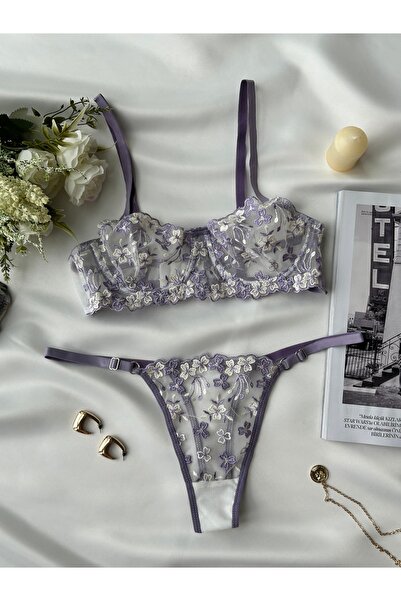 BLUEAVCI Mor Çiçek Desenli Tangalı Sütyen Takımı