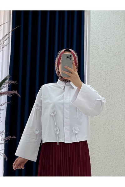 MİHRA STORE Cămașă scurtă Serasya Floral-BN4411 Albă