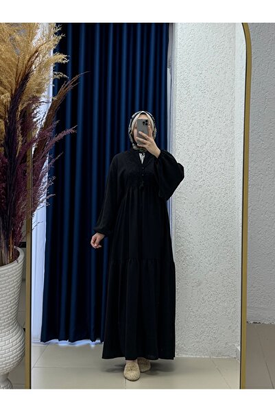 MİHRA STORE Φόρεμα Serilia με δαντέλα μπροστά με λεπτομέρεια με κορδόνι-AY8602 Μαύρο