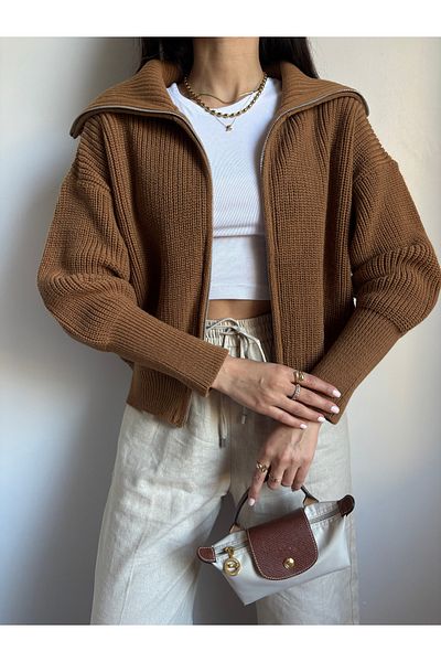 Nopen Knitwear Brown Turn-Down Collar Zippered Knitwear Cardigan