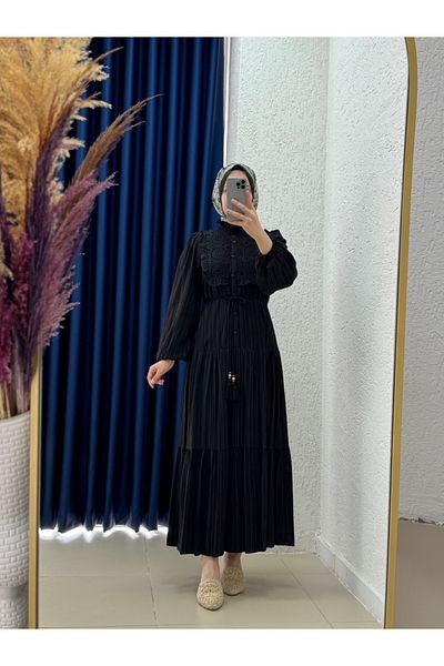 MİHRA STORE Sorina Lace Front Muslin Dress with Fold Detail-Pa9505 Black