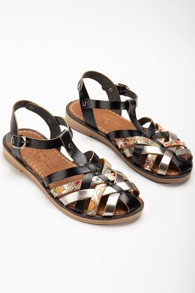 Aymood 205-02 Black Garni Orthopedic Genuine Leather Women's Sandals